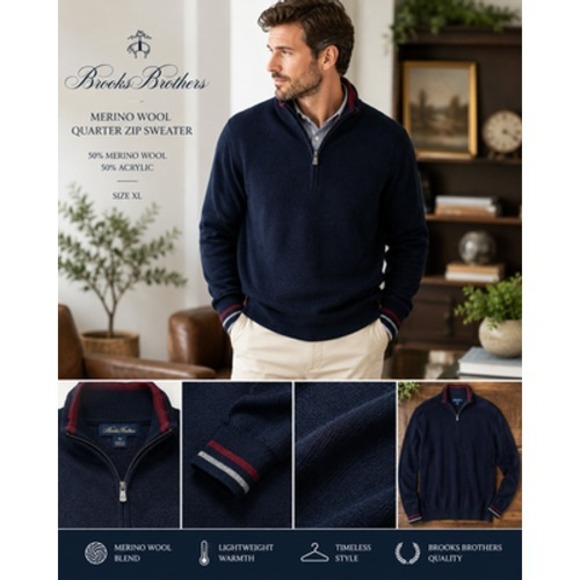 Brooks Brothers NetJets 1/4 Zip Merino Wool Sweater Mens XL Navy Pullover
